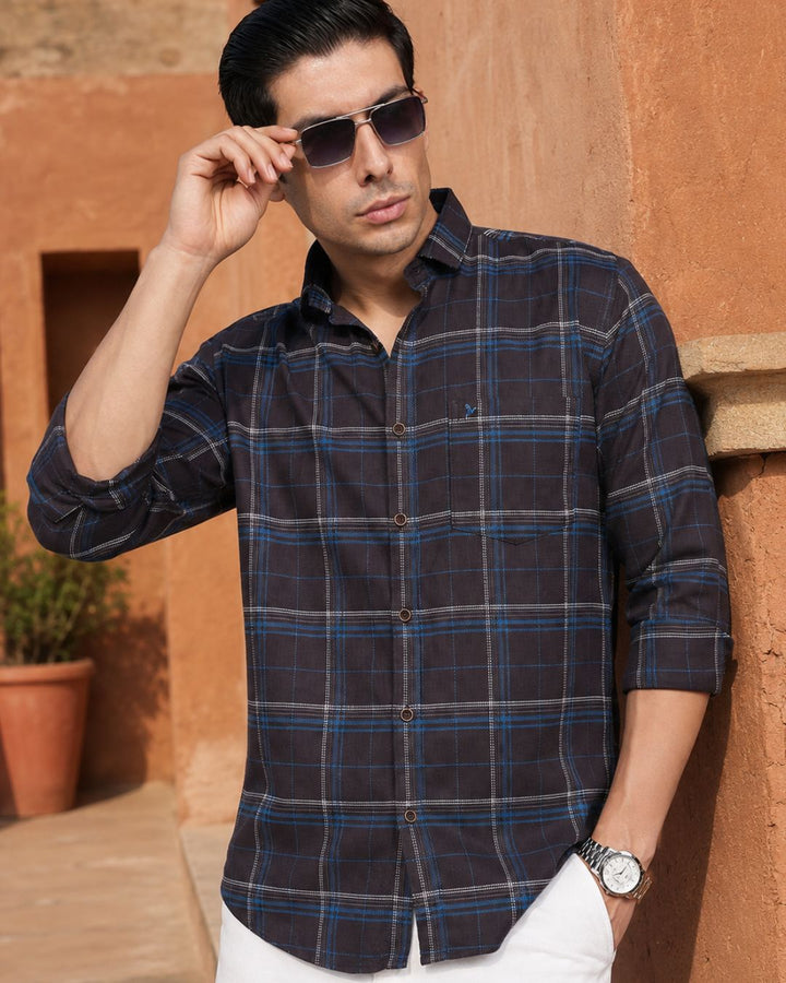 Charcoal Blue Double Line  Checks - Full-Stain Proof