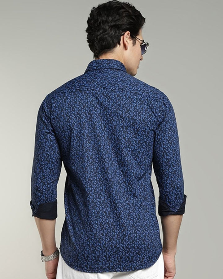 Dark Blue Floral Print-Full-Cotton Linen Shirt