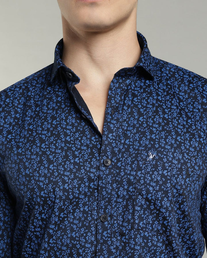 Dark Blue Floral Print-Full-Cotton Linen Shirt