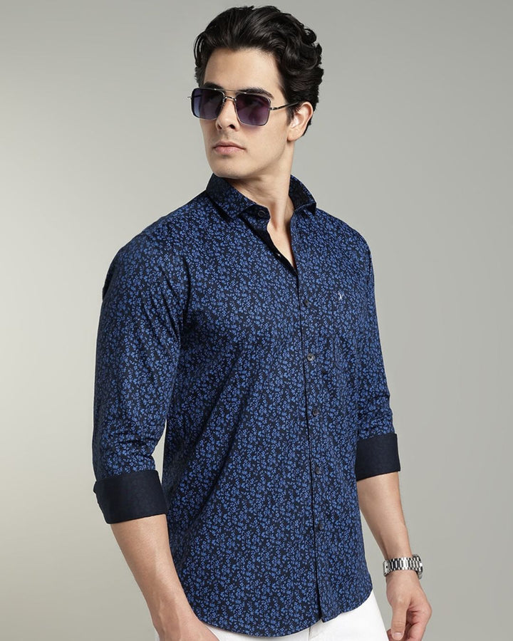 Dark Blue Floral Print-Full-Cotton Linen Shirt