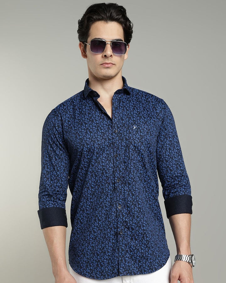 Dark Blue Floral Print-Full-Cotton Linen Shirt