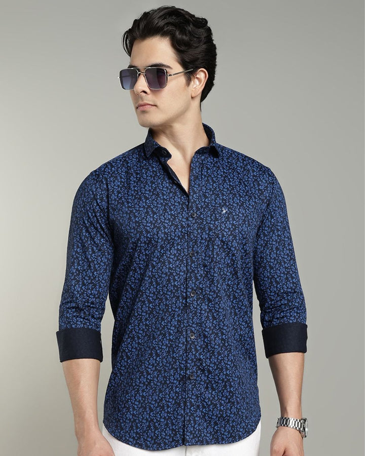 Dark Blue Floral Print-Full-Cotton Linen Shirt