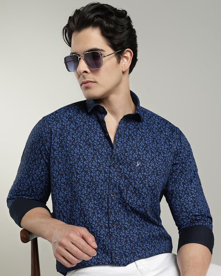 Dark Blue Floral Print-Full-Cotton Linen Shirt