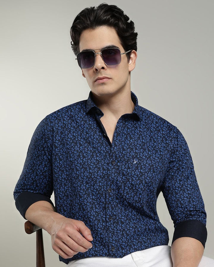 Dark Blue Floral Print-Full-Cotton Linen Shirt