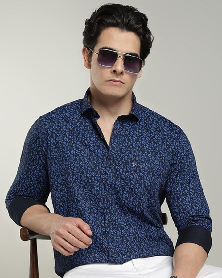 Dark Blue Floral Print-Full-Cotton Linen Shirt