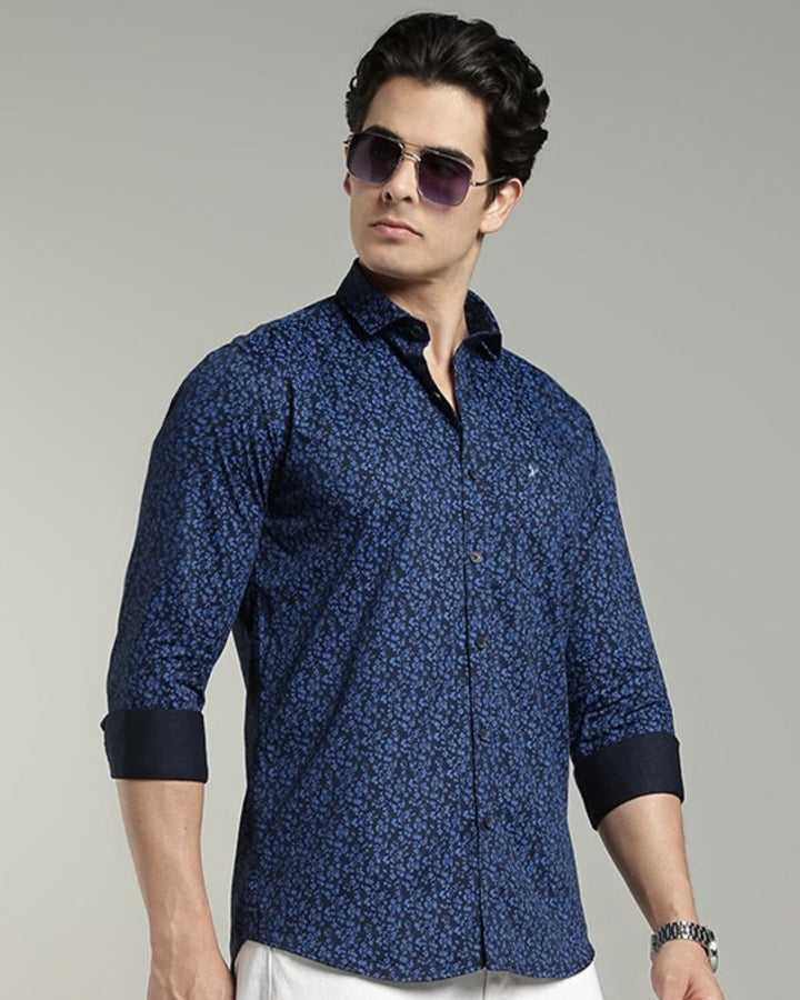 Dark Blue Floral Print-Full-Cotton Linen Shirt