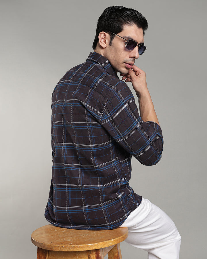 Charcoal Blue Double Line  Checks - Full-Stain Proof