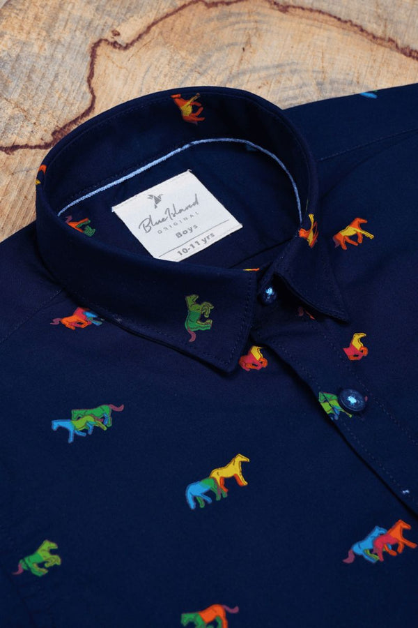 KIDS - Navy Horse Print - Half-Stain Proof Shirt