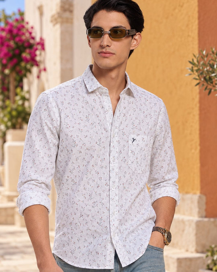 White & Grey Print -Full-Cotton Linen Shirt
