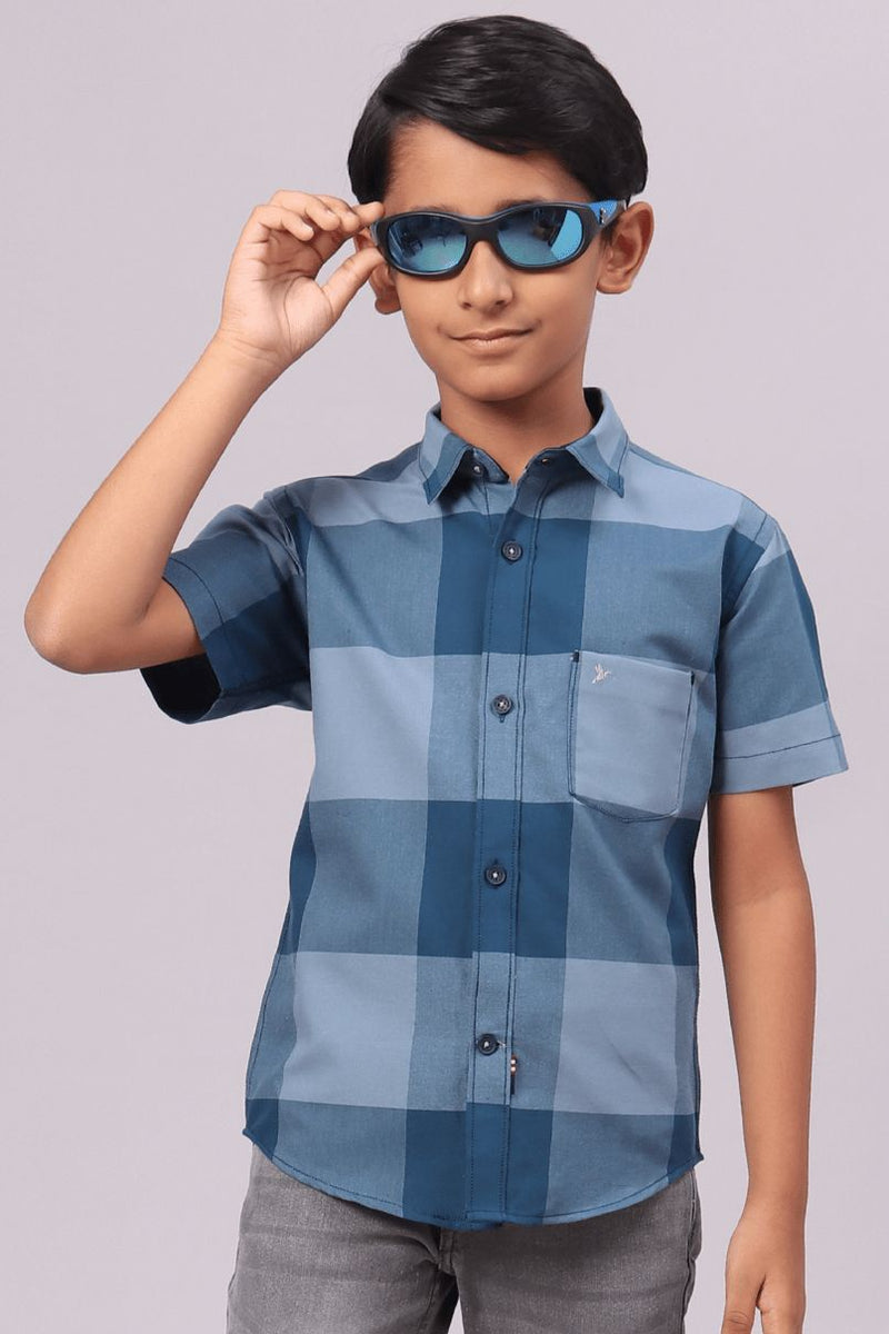 KIDS - Teal Blue Box Checks-Half-Stain Proof Shirt