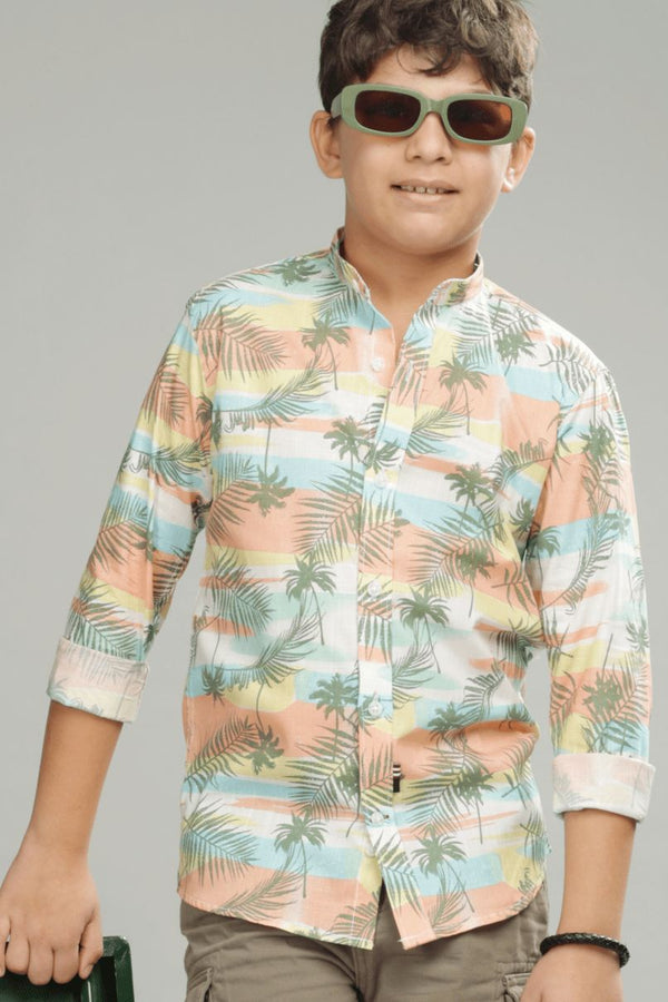 KIDS - Tropical Sunset Print-Chinese Collar-Stain Proof Shirt