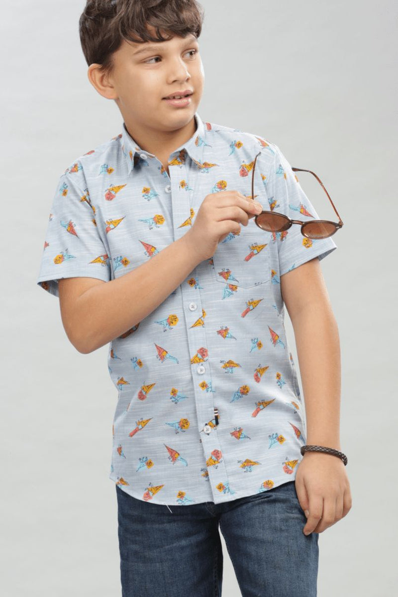 KIDS - Blue Dino Print - Half-Stain Proof Shirt