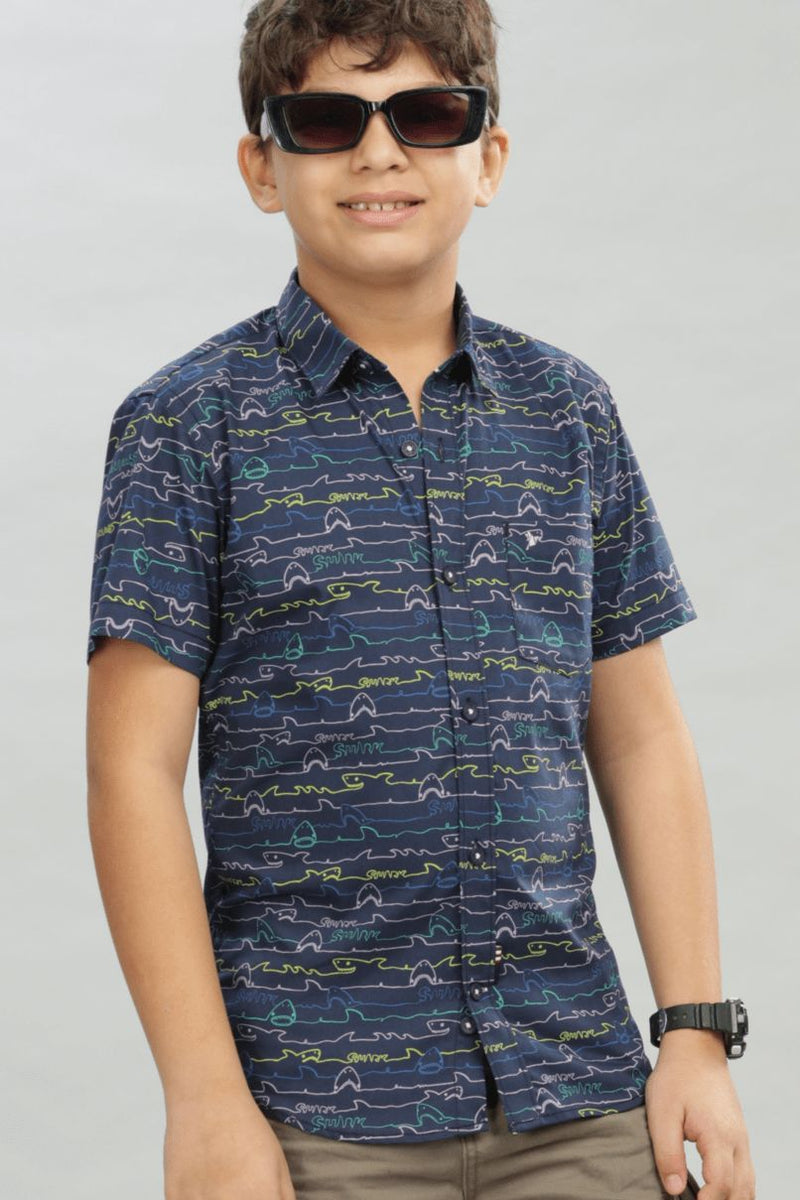 KIDS - Navy Ocean Print - Half-Stain Proof Shirt