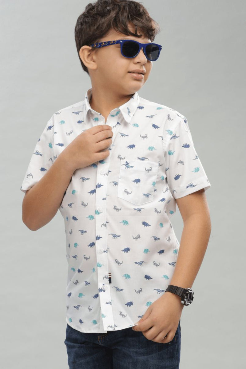 KIDS - White Dino Print - Half-Stain Proof Shirt