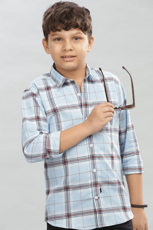 KIDS - Ice Blue & Red Checks-Stain Proof Shirt