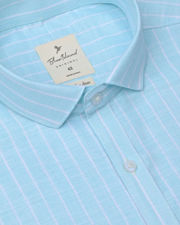 Turq. Blue Stripes -Full-Bamboo Linen