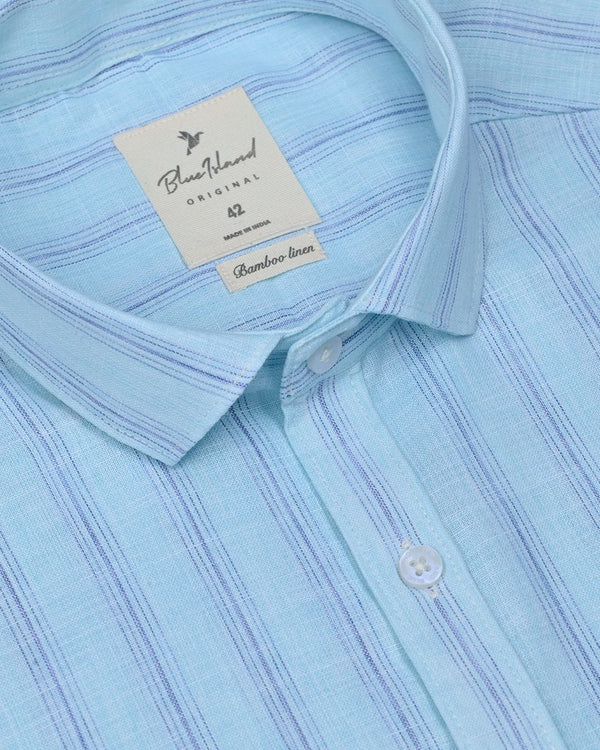 Soft Blue Multi Stripes -Half Sleeve-Bamboo Linen