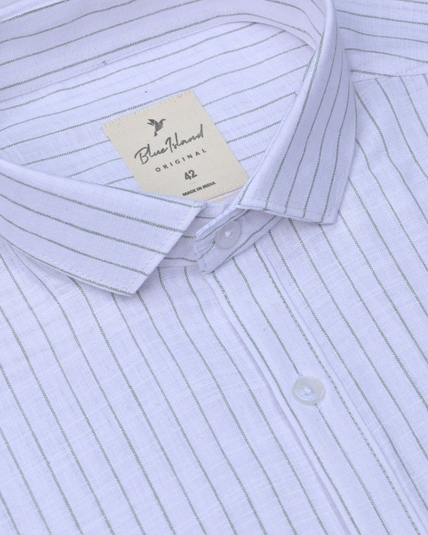 White & Green Line Stripes -Full-Bamboo Linen