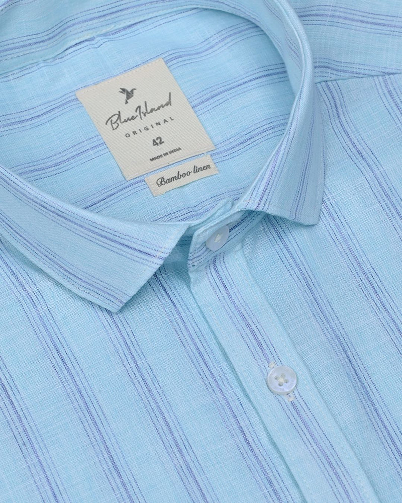 Soft Blue Multi Stripes -Half Sleeve-Bamboo Linen