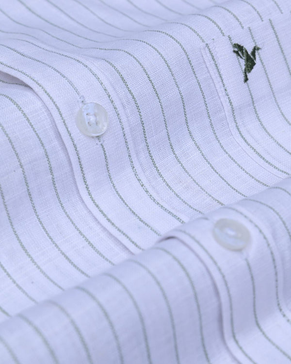 White & Green Line Stripes -Full-Bamboo Linen