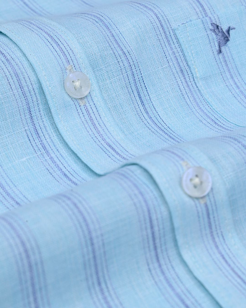 Soft Blue Multi Stripes -Half Sleeve-Bamboo Linen