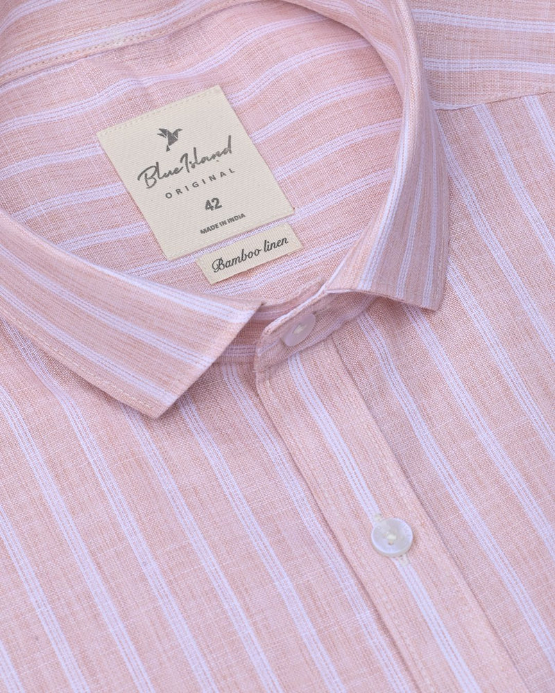 Peach Orange & White Grid Stripes -Half Sleeve-Bamboo Linen