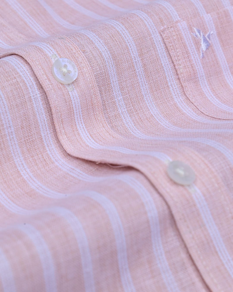 Peach Orange & White Grid Stripes -Half Sleeve-Bamboo Linen