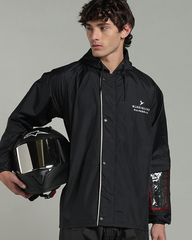 Black with Cream Border - Rain Jacket with Pant & Mobile Pouch