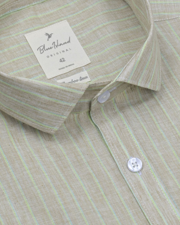 Lite Khaki & Green Stripes -Full-Bamboo Linen