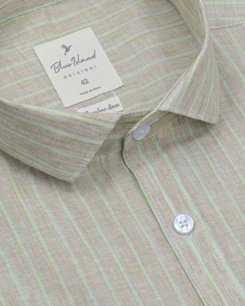 Lite Khaki & Green Stripes -Full-Bamboo Linen