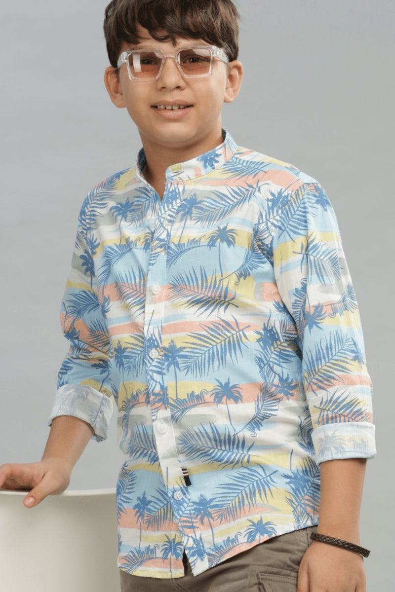 KIDS - Oceanic Blue Print-Chinese Collar-Stain Proof Shirt