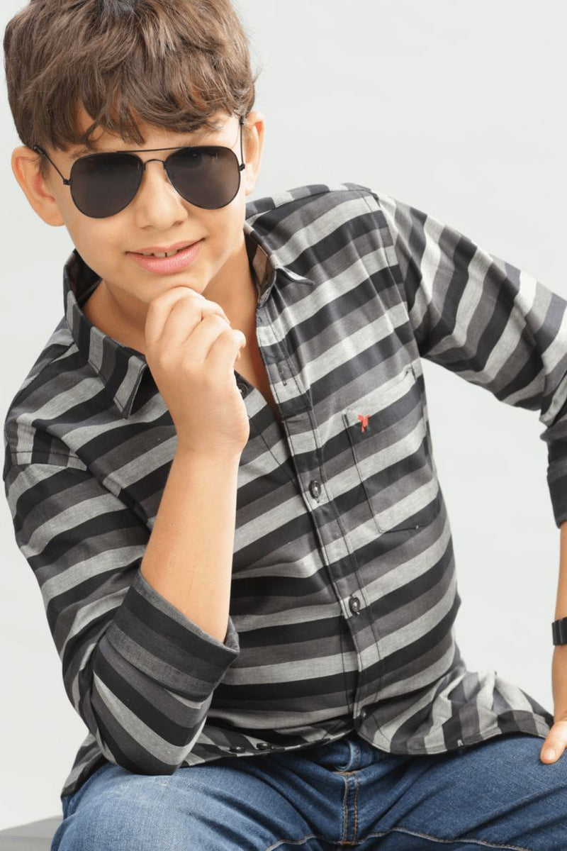 KIDS - Black & Grey Horizontal Stripes -Stain Proof Shirt