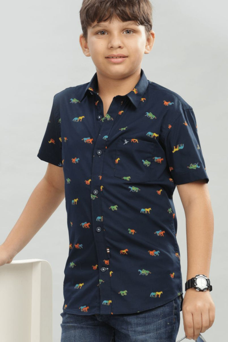 KIDS - Navy Horse Print - Half-Stain Proof Shirt