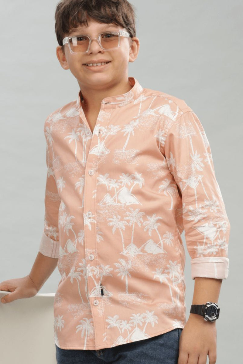 KIDS - Peachy Palm Print-Chinese Collar-Stain Proof Shirt