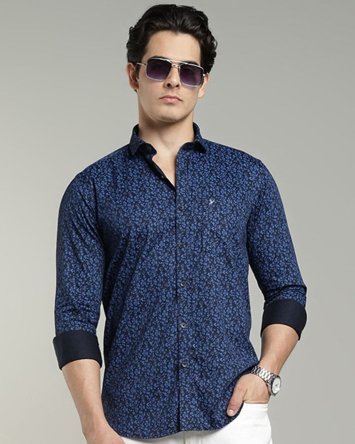 Dark Blue Floral Print-Full-Cotton Linen Shirt