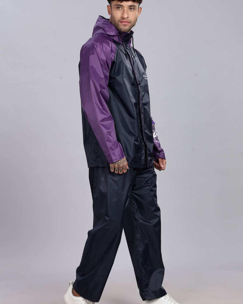 Navy Blue with Violet - Rain Jacket with Pant and Mobile Pouch