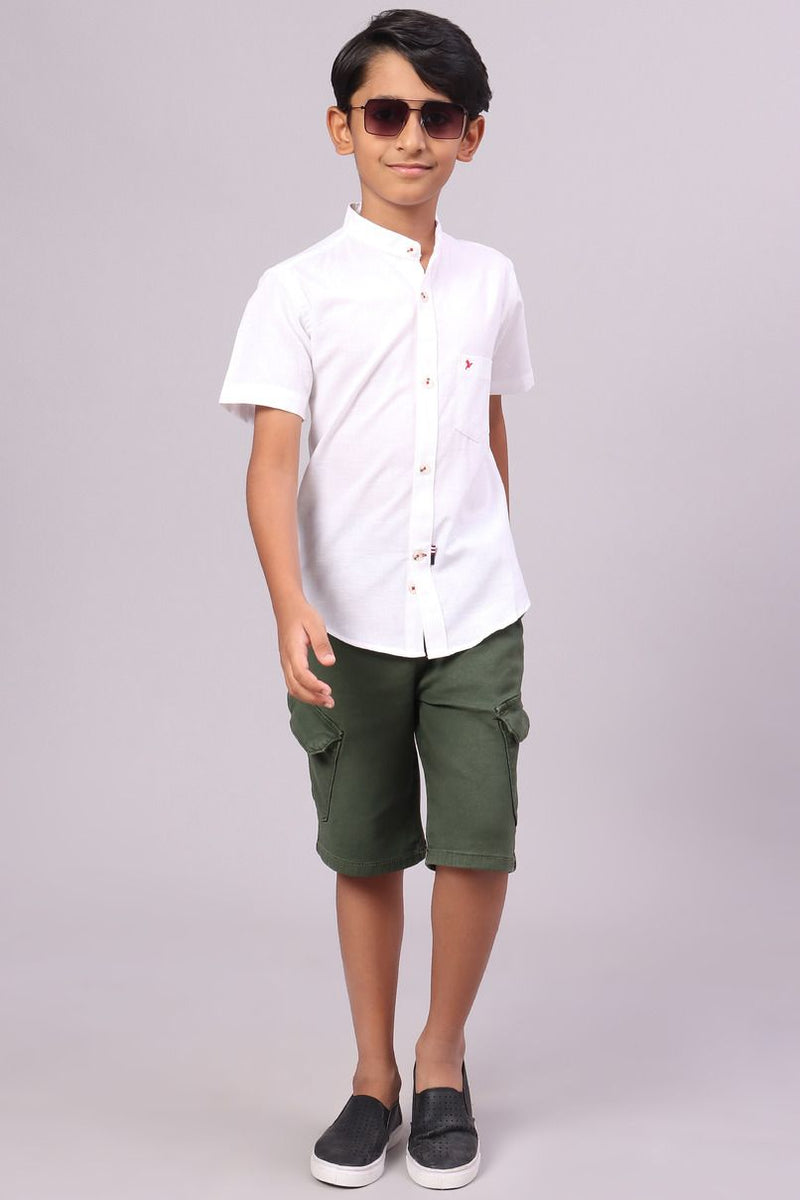 KIDS - White Cotton Linen Chinese Collar -Half-Stain Proof Shirt