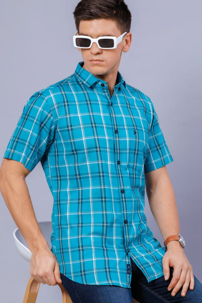 Turquoise Blue Checks - Half Sleeve - Stain Proof