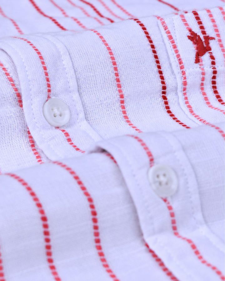 White & Red Multi Line Stripes-Full-Cotton Linen Shirt