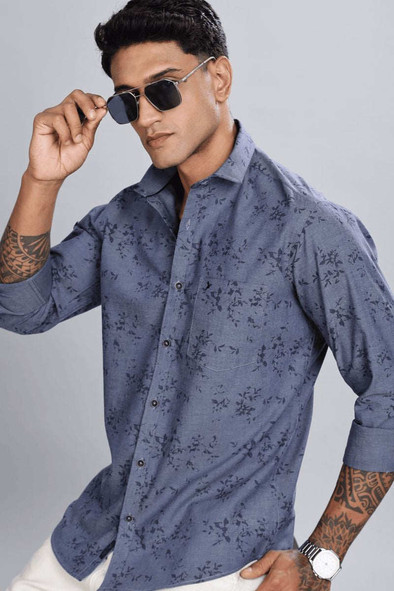 Denim Blue Floral Print -Full-Stain Proof