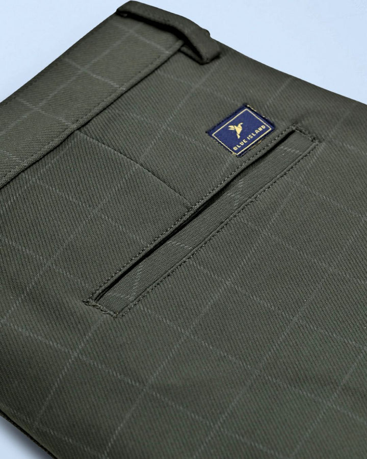 Olive Box Checks - 2 way stretch - COTTON PANT
