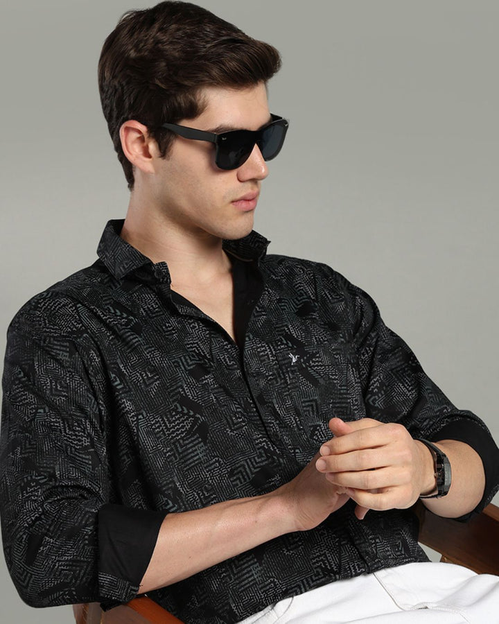 Black Tribal Print-Full-Cotton Linen Shirt