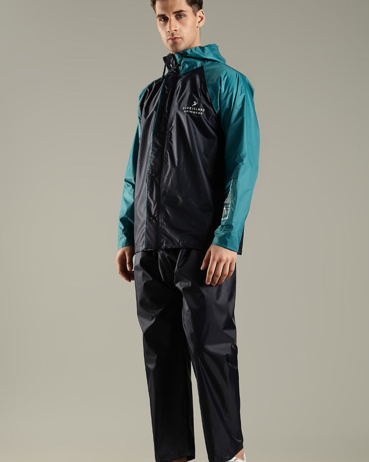 Navy Blue with Teal - Rain Jacket with Pant and Mobile Pouch
