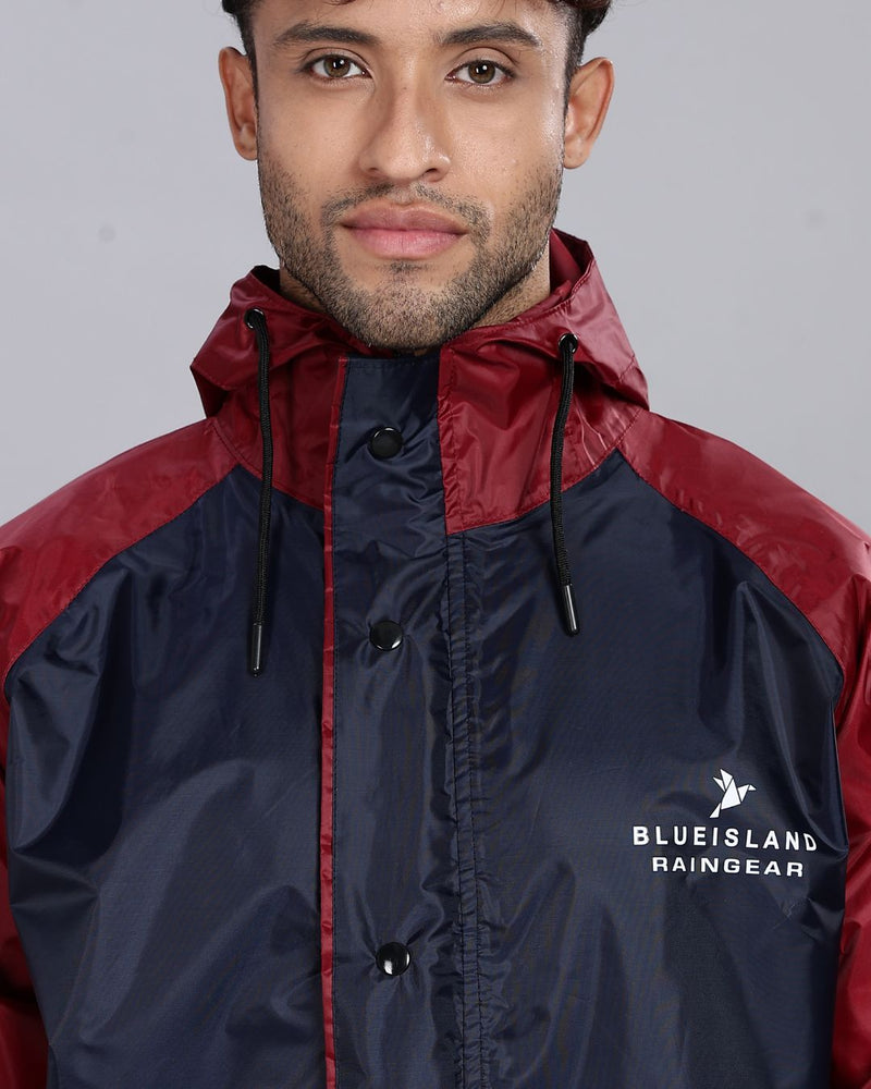 Navy Blue with Maroon - Rain Jacket with Pant and Mobile Pouch