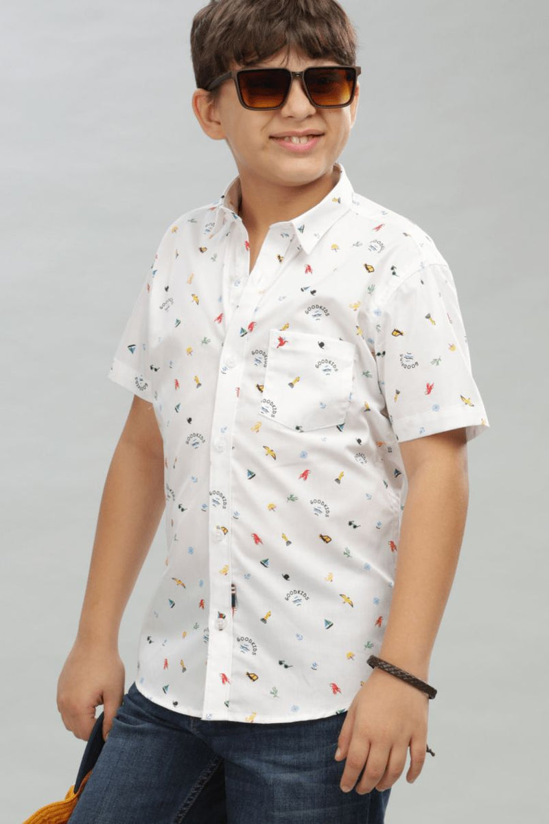 KIDS - White Sailor Print - Half-Stain Proof Shirt