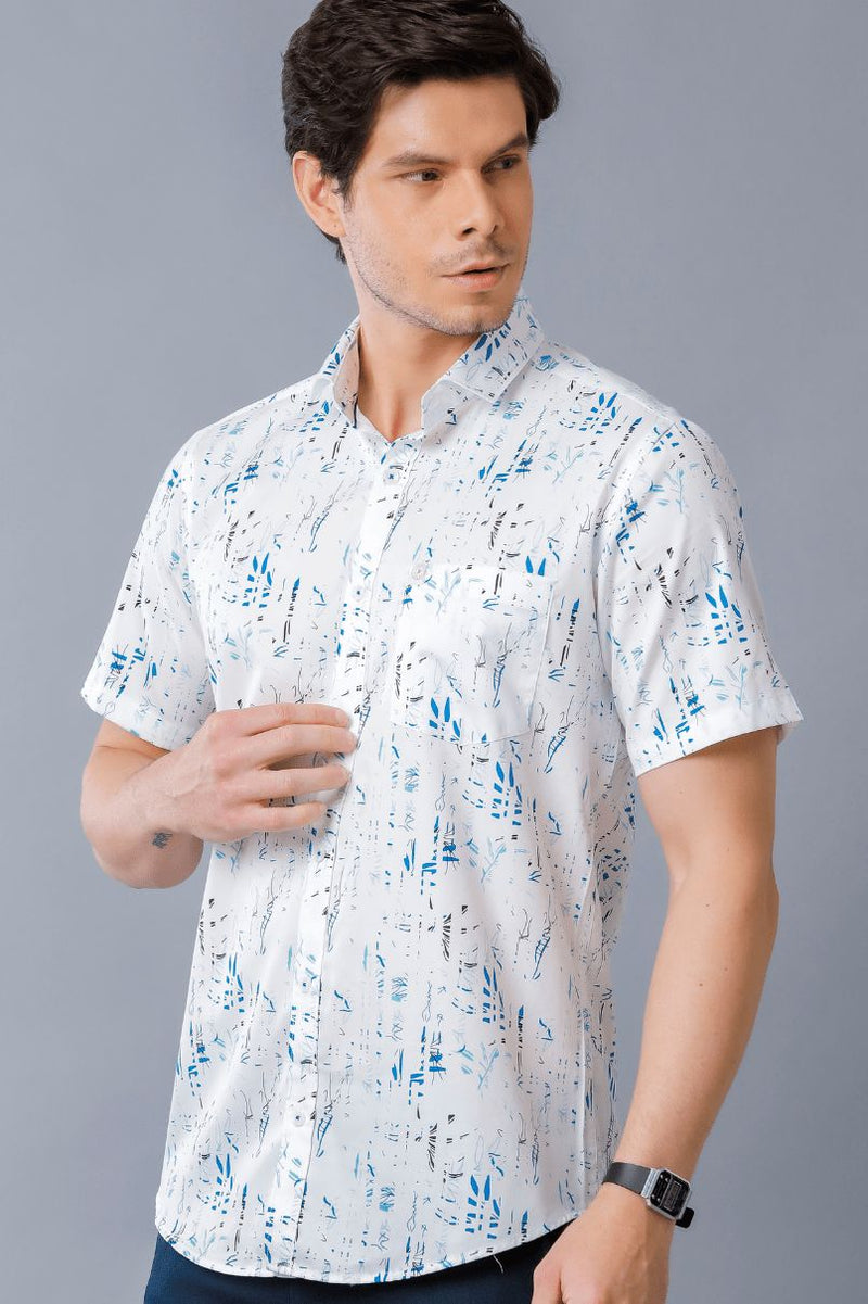 White & Blue Floral Print - Half Sleeve - Stain Proof