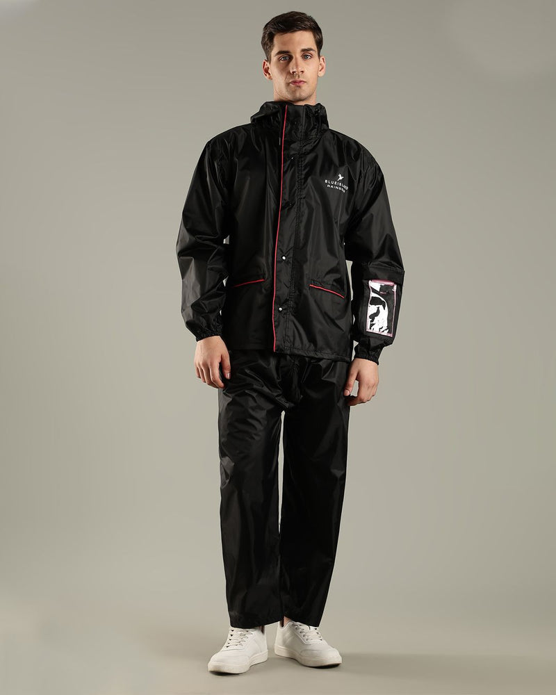 Black with Royal Blue - Rain Jacket with Mobile Pouch