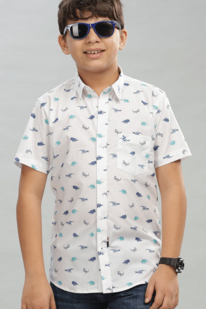 KIDS - White Dino Print - Half-Stain Proof Shirt