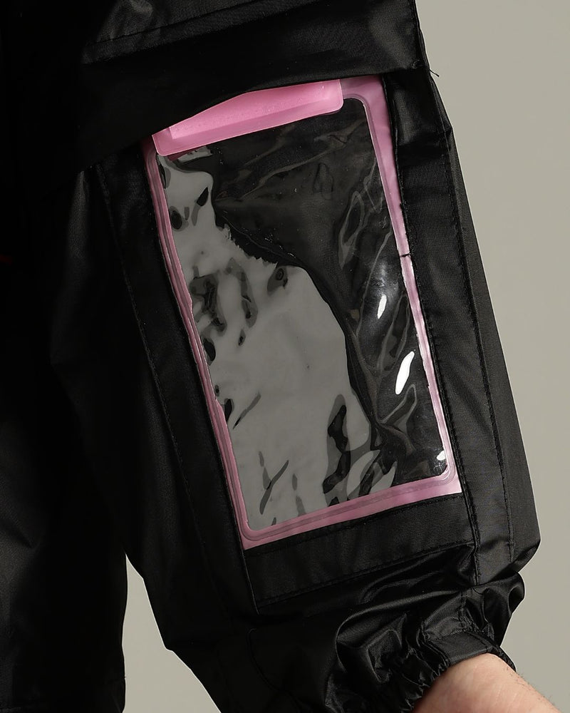 Black with Red Border - Rain Jacket with Mobile Pouch