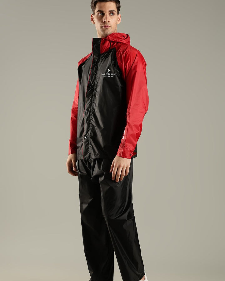 Black with Wine Red - Rain Jacket with Pant and Mobile Pouch
